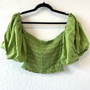 Young Fabulous & Broke Green Smocked Off-Shoulder Puff Sleeve Top